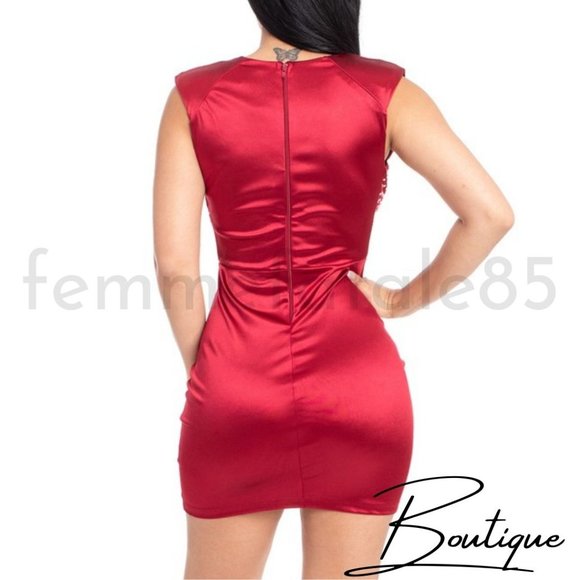 Satin/Silk Crystal Mini Dress Holiday Cocktail Short sleeve shoulder pads - Picture 10 of 15